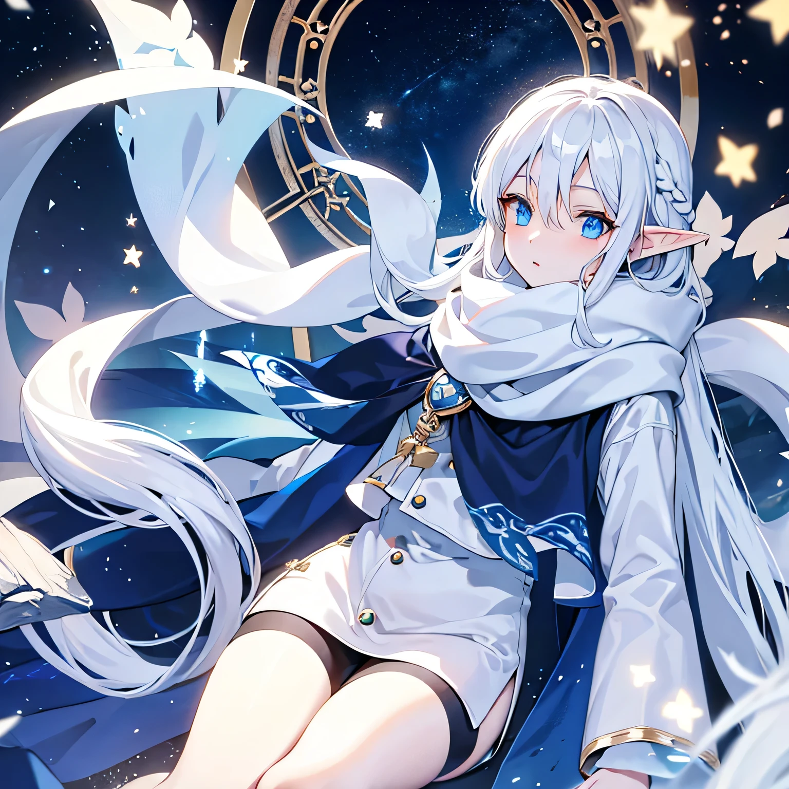 Elf,White long hair,Blue Eyes,Long scarf,