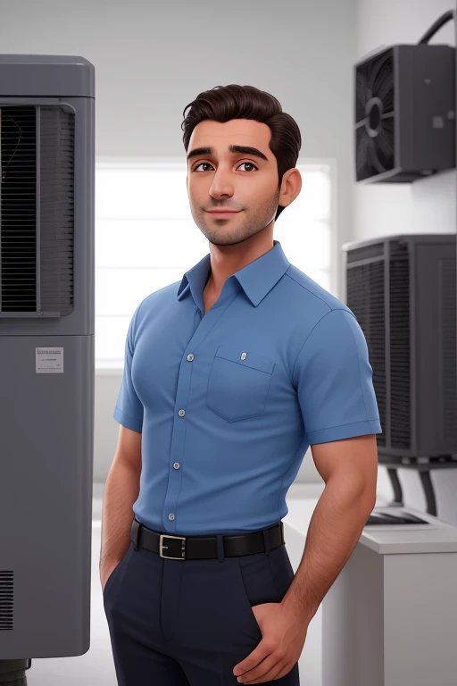 Um homem de 30 anos, air conditioning technician working, e olhos castanhos, usando camisa azul, cabelo preto , com perfil magro, businessman face who owns air conditioning company , meio careca, dando sinal de beleza, with shirt untucked dark hair, sem barba, face fina, sem pelo no rosto, camisa pra fora