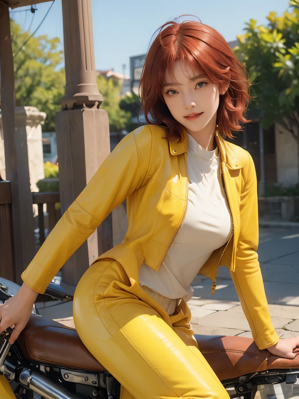 (masterpiece:1.3), (8k, Realistic, RAW Photos, highest quality:1.4), (Realistic face), (Red hair, short hair:1.3), Beautiful hairstyle, Realistic eyes, Beautiful little blue eyes, (Realisticな肌), (Beautiful Skin), (((Riding a motorcycle outdoors))), charm, Ultra-high resolution, Golden Ratio, Long limbs、((30 year old beauty))、((smile)), ((Full Body Shot)), ((((Yellow leather suit and long boots))))