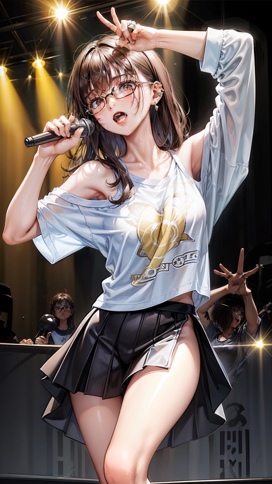 (Masterpiece, BestQuality:1.3), (ultra detailed:1.2), (hyperrealistic:1.3), (RAW photo:1.2), High detail RAW color photo, professional photograph, (Photorealistic:1.4), (realistic:1.4), (Pink Hair:1.5), professional lighting, perfect anatomy, (Big Breasts:1.2), (blush, detailed face), (A happy smile:1.7), sexly, erotic sexly, Random sexy gravure poses, (A beautiful woman wearing a lemon yellow tank top and white denim、Fun expressions at the festival、Gold Anklet、Dancing pose with arms raised。:1.3)