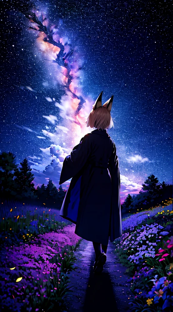 １people々々々々々々々々,Woman with medium length blonde hair，Fox Ears，Long coat，Takageta， Dress Silhouette， Rear View，Space Sky, Flower Field，Colorful flowers，Dancing Petals，