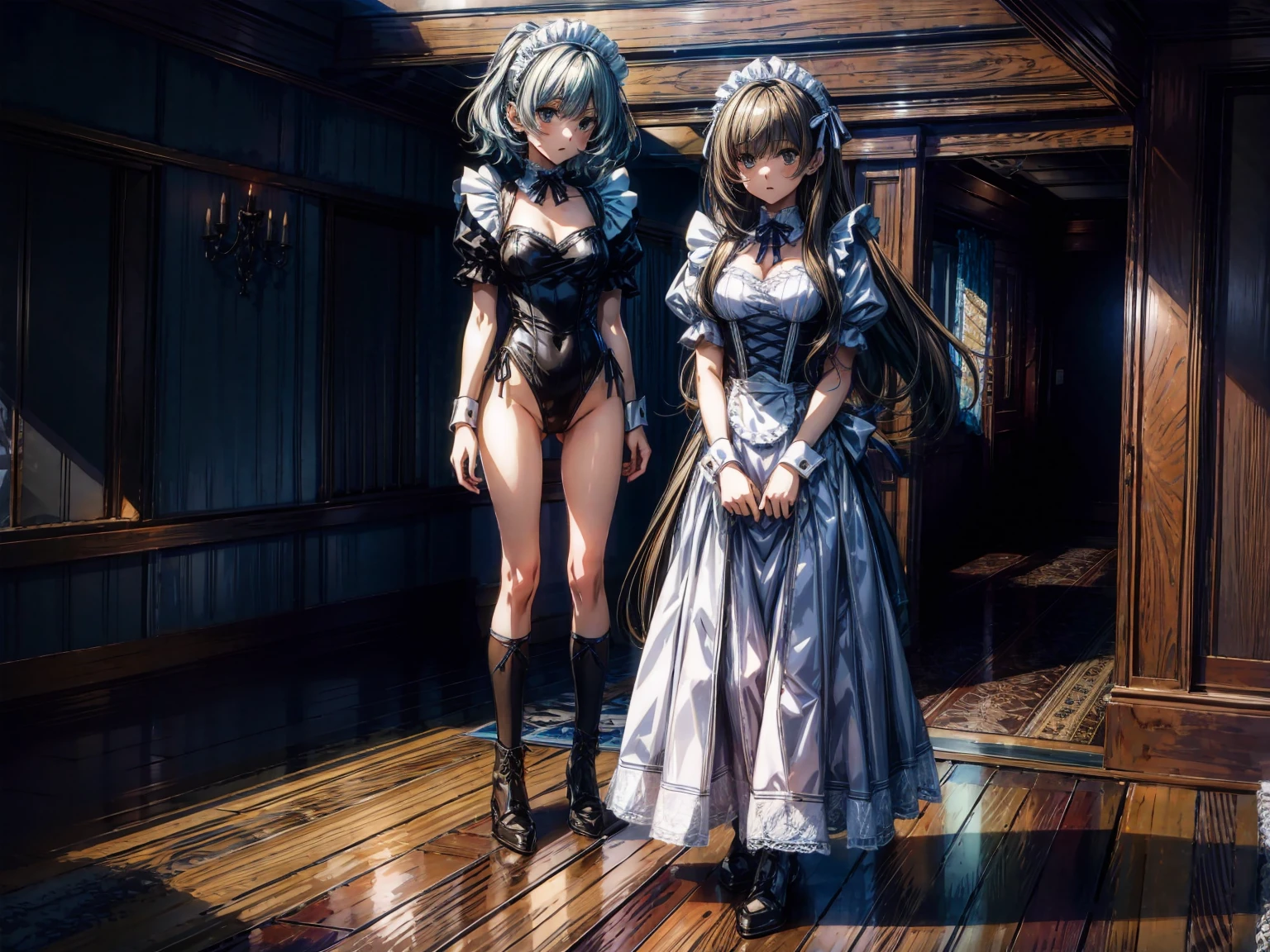 (Perfect Anatomy:1.2, highest quality),(Maid leotard details:1.6),(3Girls:1.6),Long Hair:1.5, (Short sleeve, Thighs,Maid Cufflinks),,Hypno Lola, Hollow Eyes,High heel lace-up boots,Dark aura,(Leotrad),,From below,love for viewers,Look down,(full body:1.4),looking at viewer, Pile of rubble,Young Girl