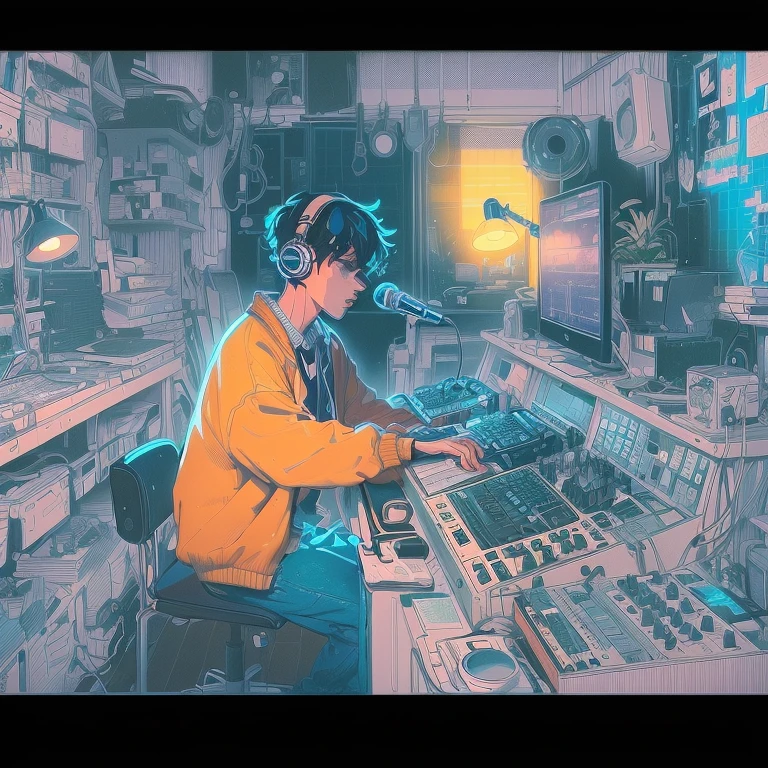 A man with a laptop and a microphone is sitting at a desk, LOFI Girl, Lo-fi illustration style, in style of Laurie Greasley, Lofi Art, inspired Josan Gonzalez, Lofi Artstyle, Josan Gonzalez, Laurie Greasley, conrad roset and makoto shinkai, Laurie Greasley and james jean