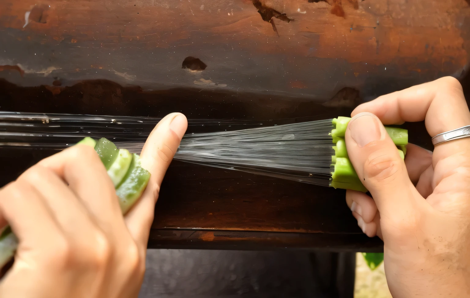 someone is peeling a piece of cucumber with a knife, pinceladas delicadas e precisas, covered with water and thorns, detalhe meticuloso, com detalhes intrincados, escultura, detalhe meticuloso, detalhe perfeito, detalhamento de cabelo, morning detail, tecelagem, belo artesanato, bem cuidado, olha esse detalhe!, satisfactory, feito de espinhos de cacto, dry brushing
