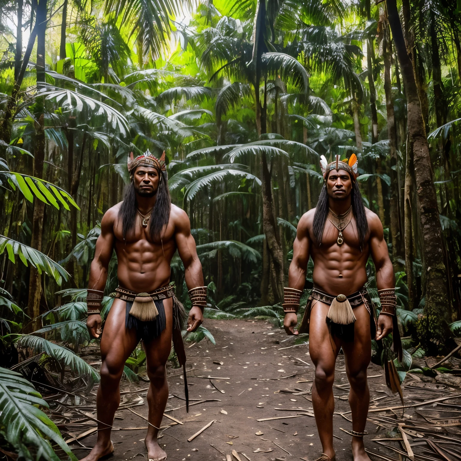 Tribal men in the Amazon forest, around 1000 years ago, with natural costumes made from animal skins mimicking the movie "Apocalypto". The men, with their strong and muscular physiques, are adorned with intricately designed body paint and feathers. Their long, untamed hair is a wild mane around their faces, adding to their primal and raw appeal. The sunlight filters through the dense foliage, casting unusual shadows on their colorful, vibrant attire. The scene is filled with the sounds of exotic birds and the distant drums of a nearby tribe, adding to the authentic and cinematic atmosphere. (masterpiece, best quality, photo-realistic