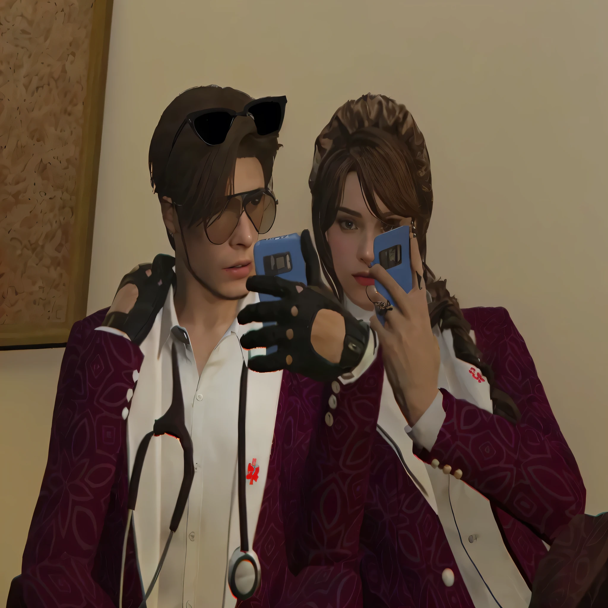 white male and female doctor, wearing a maroon blazer, with a stethoscope around his neck, wearing sunglasses, holding cellphone, 