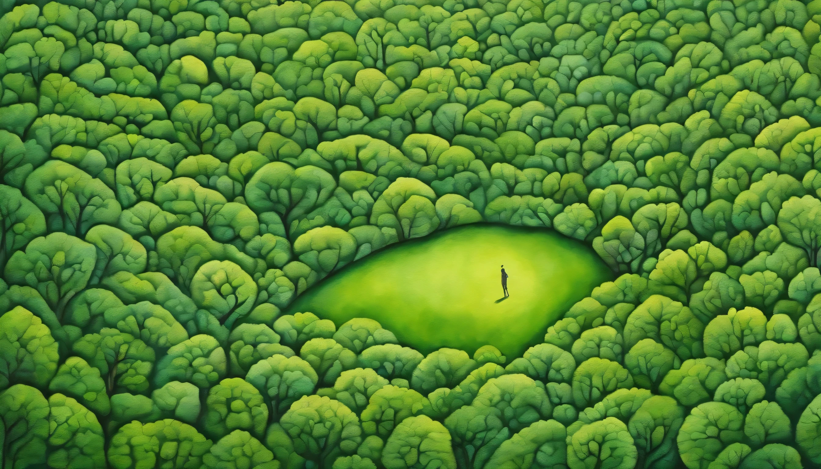 Detailed image of a man lost in a green forest, Contemporary Op Art style, kintsugi, Large canvas, Hard-edged painter, eye - catching detail,
Aerial view, Sudesan Patnaik