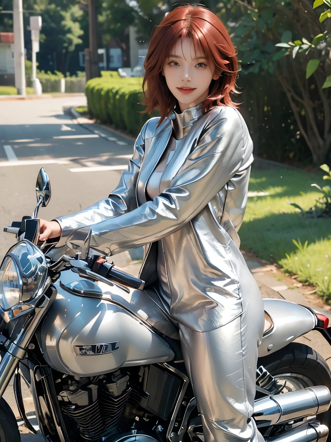 (masterpiece:1.3), (8k, Realistic, RAW Photos, highest quality:1.4), (Realistic face), (Red hair, short hair:1.3), Beautiful hairstyle, Realistic eyes, Beautiful little blue eyes, (Realisticな肌), (Beautiful Skin), (((Riding a motorcycle outdoors))), charm, Ultra-high resolution, Golden Ratio, Long limbs、((30 year old beauty))、((smile)), ((Full Body Shot)), ((((Silver leather suit and long boots))))