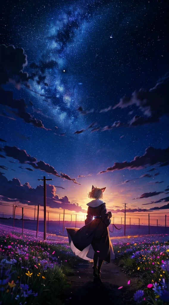 １people々々々々々々々々,Woman with medium length blonde hair，Fox Ears，Long coat，Takageta， Dress Silhouette， Rear View，Space Sky, Flower Field，Colorful flowers，Dancing Petals，