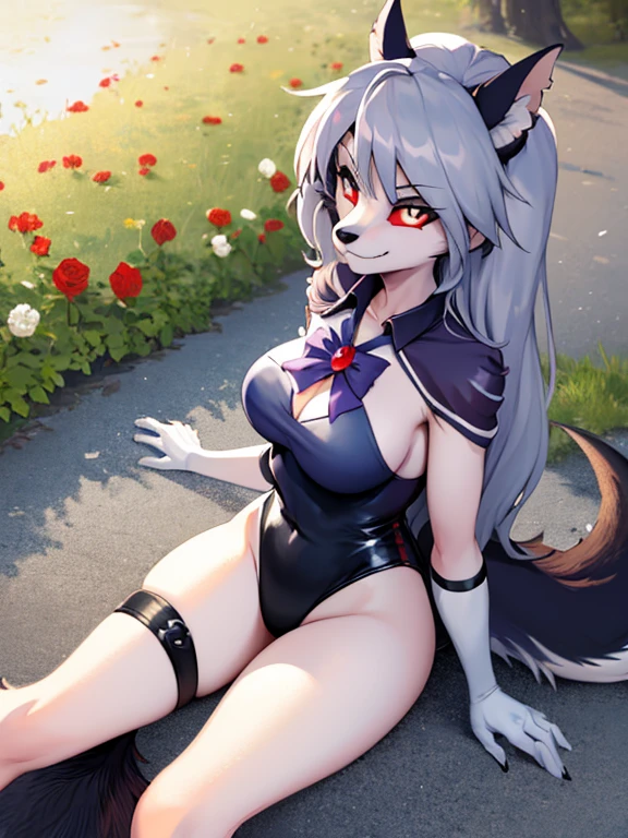 1 girl, ((loona hellhound:1.2)) (pelzig:1.2), (flauschige:1.1), (anthro:1.2), (Schnauze:1.2), smile, Stachelhalsband, lange Haare, (loonaMatrosesenshiunifrom:1.1), (geschlitzte Pupillen:1.1, White eyes:1.1, rote Sklera), Dach, Pflanzen, urban, Meisterwerk, best quality, highres, sv1, Matrose-Kriegerin-Uniform, Ellenbogen-Handschuhe, Tiara, Schwarze Schleife, schwarzes Matrose-Halsband, White gloves, Schmuck, white leotard, schwarzer Matrose-Rock, Matrose_Mondpose