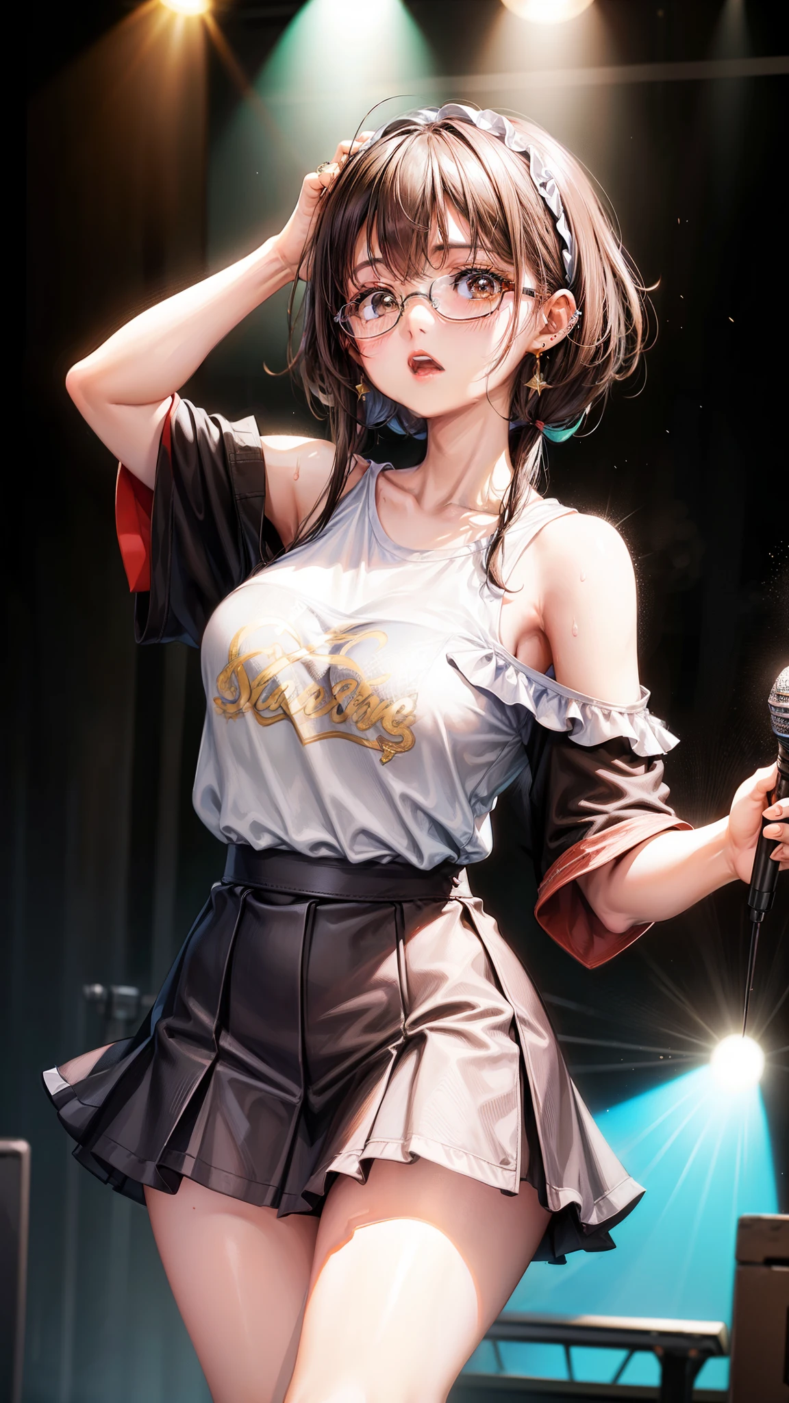 One woman、Brown Hair、Brown eyes、Black-rimmed glasses、Ring piercing of the earlobe、Holding a microphone、Sing a song、Dancing and singing in a nightclub、Sweat、Oversized off-the-shoulder T-shirt、Short frill skirt、Beautiful legs、Beautiful thighs、Shot from above