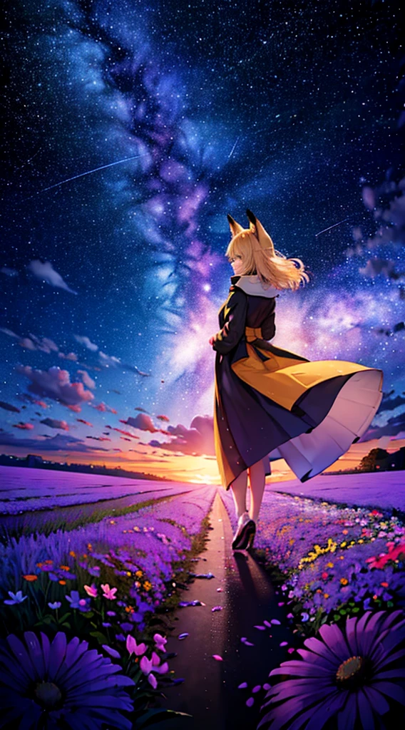 １people々々々々々々々々,Woman with medium length blonde hair，Fox Ears，Long coat，Takageta， Dress Silhouette， Rear View，Space Sky, Flower Field，Colorful flowers，Dancing Petals，