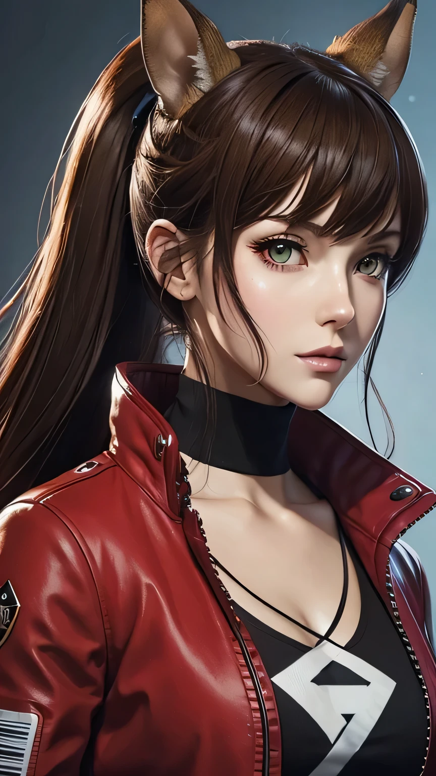 a close up of a person wearing a red jacket and a red jacket, with green eyes, official character art, made with anime painter studio, persona 5 art style wlop, character full body portrait, full body character portrait, detailed anime character art, character artwork, ( ( character concept art ) ), anime style character, official character illustration, range murata and artgerm, with squirrel ears, with squirrel tail