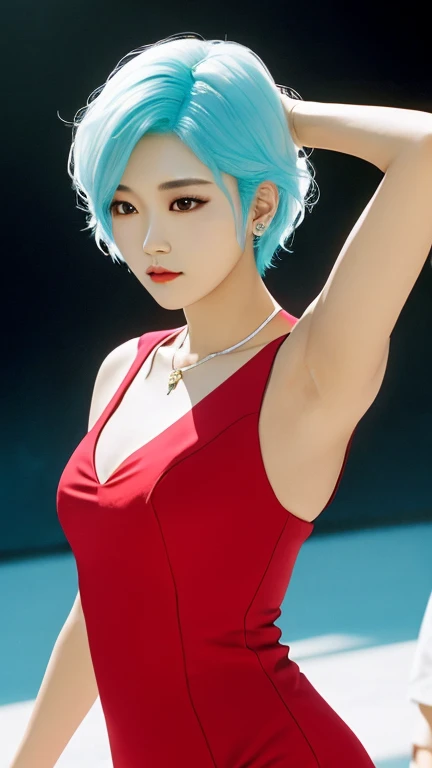 ace, 16K, ultra realista, super detalhado, high resolution, melhor qualidade, head: 1.3, (Korean K-pop idol), pale cyan hair, pale white skin, pele iluminada, sombreamento realista, texturas realistas, sharp focus, (cinema lighting), clavicle, Morning, luz suave, dynamic angle, [: (rosto detalhado:1.2):0.2], seios grandes naturais, rugas nas axilas, fenda apertada, vestido vermelho, magro hot, meio do peito, decote, corpo todo, fundo desfocado, different positions in various types of angles.