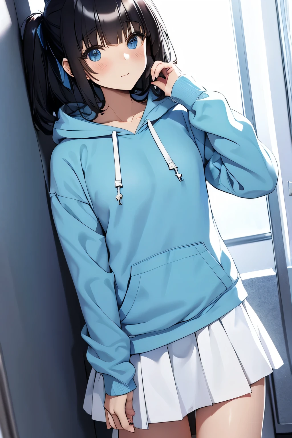 ，（​masterpiece，Highest Quality），Light blue hoodie，(gypsy skirt)，shortsleeves，A dark-haired