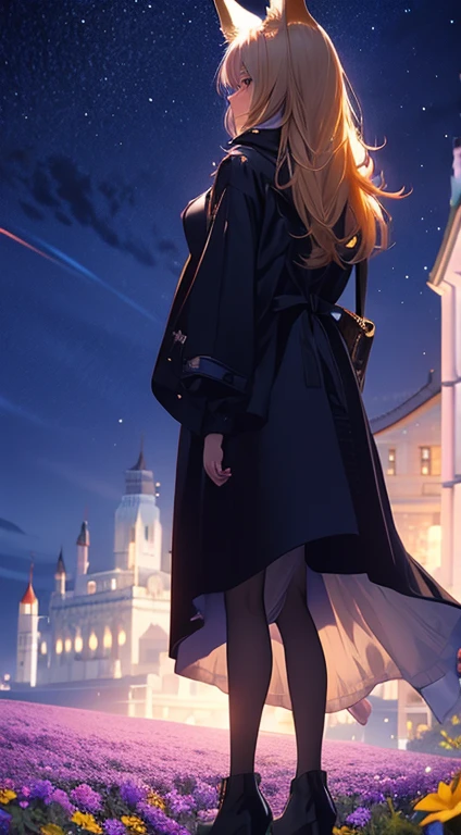 １people々々々々々々々,Blonde long-haired woman，Fox Ears，Long coat， Dress Silhouette， Rear View，Space Sky, Flower Field，Colorful flowers