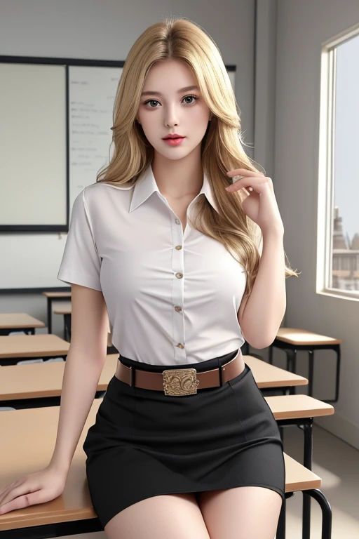 (8k best quality, masterpiece, lifelike images.) , Beautiful, charming, modern girl, Looking at the audience, ((in the modern classroom background)), (1 teenage girl, ),(Black skirt, low waist, mini skirt), (White tight-fitting shirt with short sleeves, top 2 buttons unbuttoned.), (Revealing sexy breasts), Brown belt 3.2 cm.,square head belt, ((Put your hands down.)),golden blonde hair, Medium hair, Bird's eye view of a beautiful woman, Lifelike skin, look up, round chin, Art lens 85mm., F 1.2, Sharp focus, High resolution 8K, complicated, luxurious, big breasts, big tits,Model's measurements are 35-23-35, flat stomach, dynamic pose.
