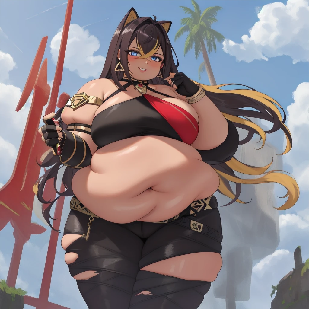best quality, masterpiece, highres, solo, { obese dehya_genshin:1.15}, obese body, multicolored_hair, long_hair, bangs, blue_eyes, streaked_hair, dark_skin, blonde_hair, black_hair, hair_between_eyes, jewelry, crossed_bangs, halterneck, earrings, animal_ears, breasts, smile, brown_hair, navel, obese stomach, thick thighs, fat arms, big cheeks, fat thighs, big butt, large_breasts, hair_intakes, obese 1girl, blue_sky, gloves, sky, looking_at_viewer, midriff, outdoors, cloud, day, bare_shoulders, black_gloves, fingerless_gloves, armlet, medium_breasts, parted_lips