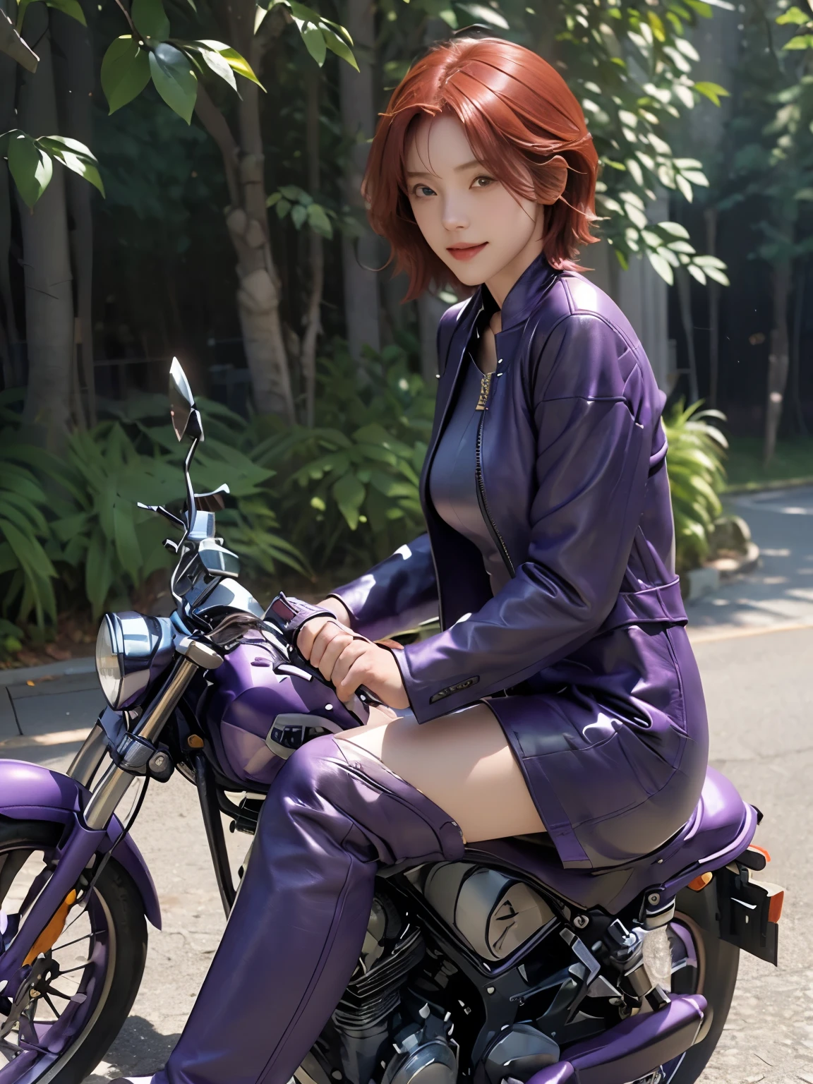 (masterpiece:1.3), (8k, Realistic, RAW Photos, highest quality:1.4), (Realistic face), (Red hair, short hair:1.3), Beautiful hairstyle, Realistic eyes, Beautiful little blue eyes, (Realisticな肌), (Beautiful Skin), (((Riding a motorcycle outdoors))), charm, Ultra-high resolution, Golden Ratio, Long limbs、((30 year old beauty))、((smile)), ((Full Body Shot)), ((((Purple leather suit and long boots))))