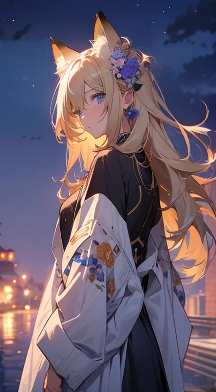 １people々々々々々々々,Blonde long-haired woman，Fox Ears，Long coat， Dress Silhouette， Rear View，Space Sky, Flower Field，Colorful flowers