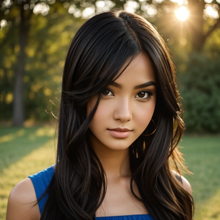 A photorealistic portrait of a 21-year-old girl black long, flowing dark haire and striking dark eyes. she should have a natural, apptoachable expression and be illuminated by soft, golden-hour sunlight. the background should be scenic outdoor setting, perhaps a sunit park or beach capture this image with a high-resolution photograph using an 85mm lens for a flattering perspective.