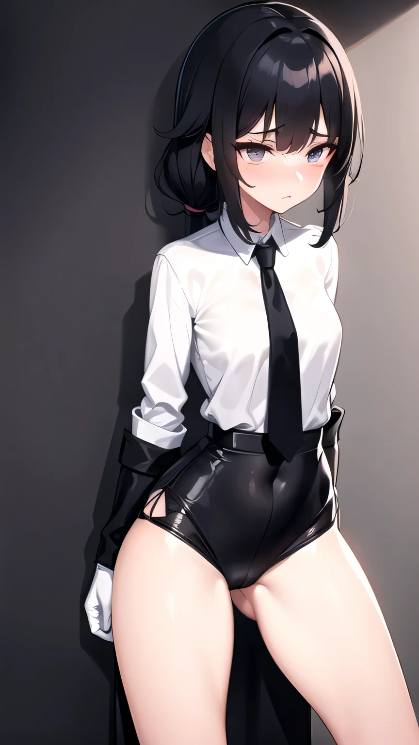 ，very cute，Wear a white shirt and a black work tie，Wear black pants，Wear black boots，Wear white gloves，Black eyes，Black ponytail，blush，Very porn，Very thin legs，Very thin waist，Being sexually assaulted，Close-up photo