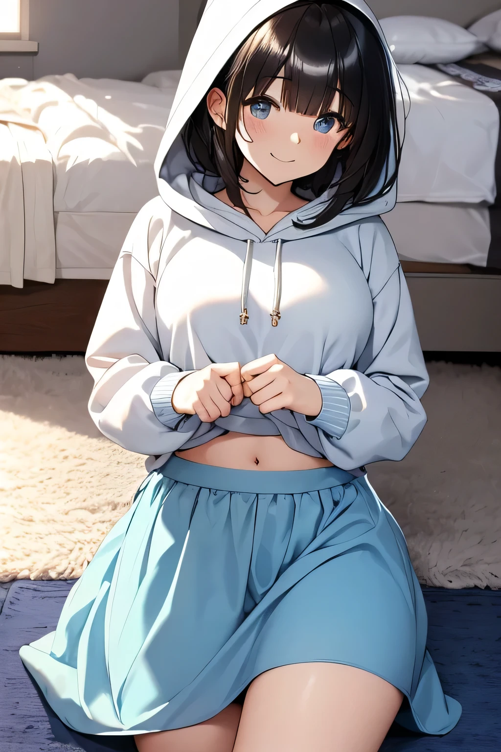 ，（​masterpiece，Highest Quality），Light blue hoodie，(gypsy skirt)，shortsleeves，A dark-haired, sleep on the bed, rug white bed, look smile to viwers