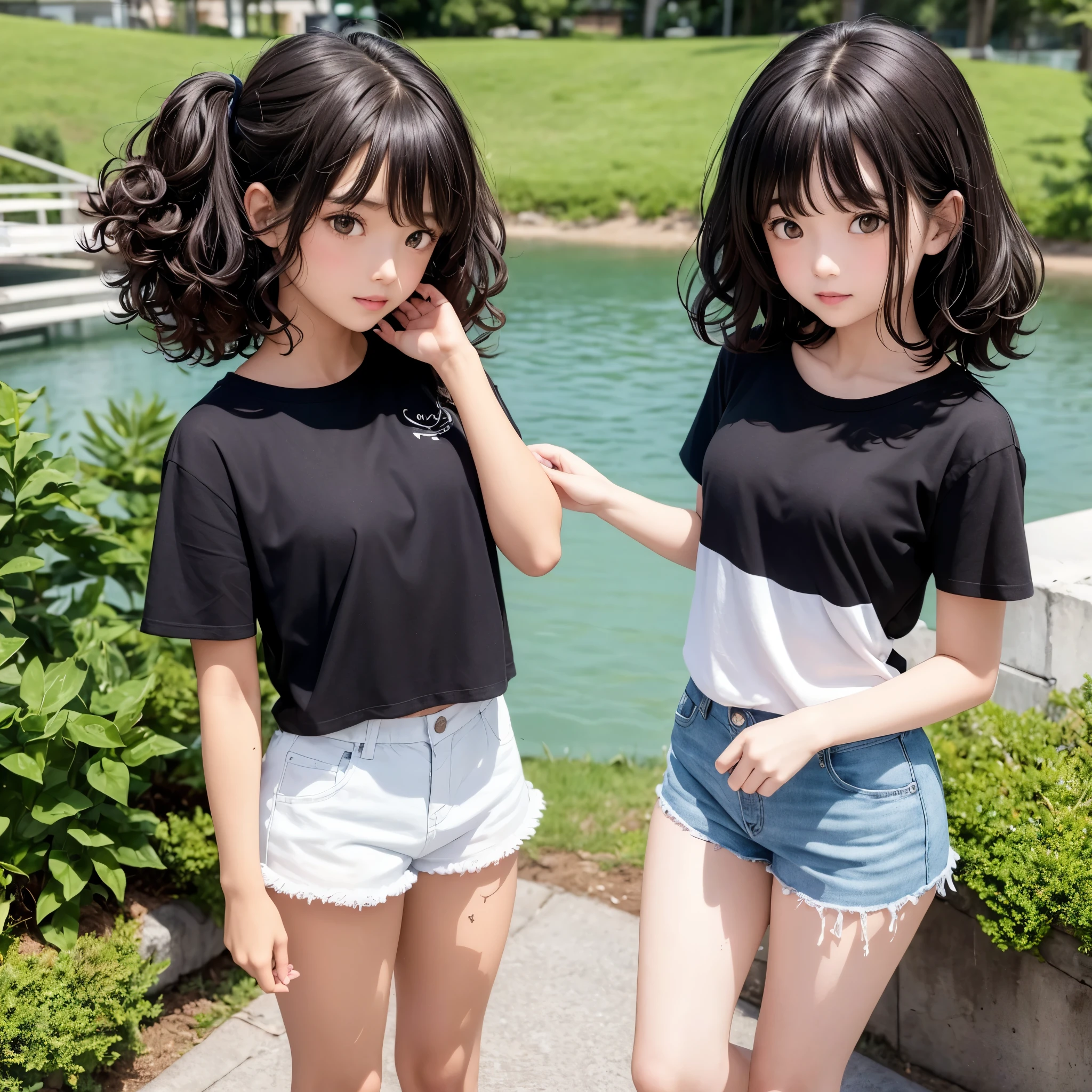 Two girls facing a lake. They have curly hair, one of them has dark skin and the other one has bright skin. They wear black T-shirt and cream short pants