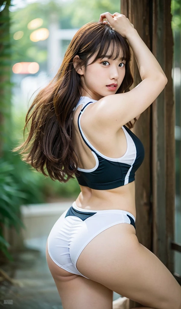 Top quality, 1 beautiful woman, wearing school swimsuit, 35mm lens, f/1, cowboy shot, large chest, middle Hair with Blunt Bangs, Booty pose, school class