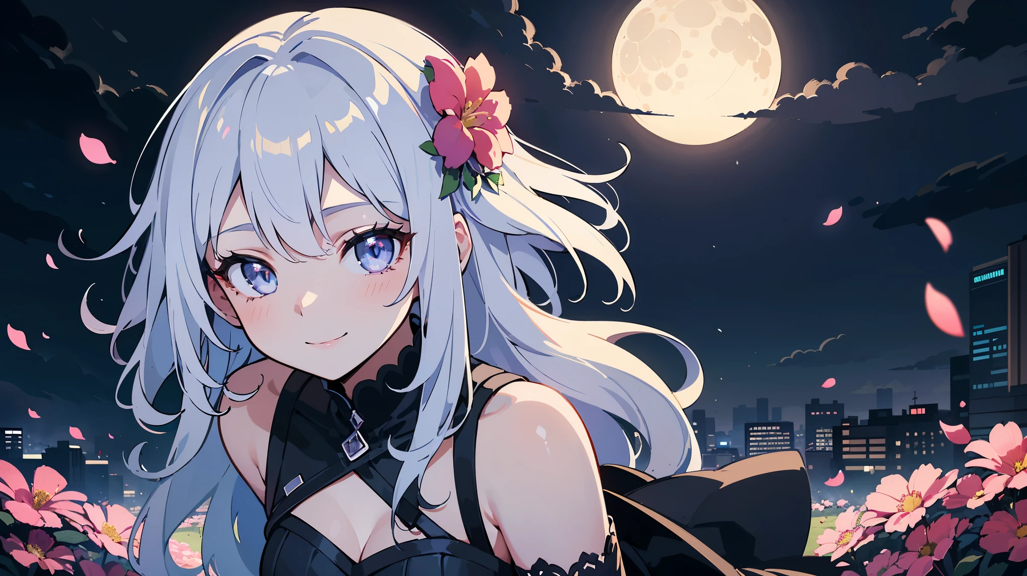 masterpiece, best quality,, 1girl, (colorful),(finely detailed beautiful eyes and detailed face),cinematic lighting,bust shot,extremely detailed CG unity 8k wallpaper,white hair,solo,smile,intricate skirt,((flying petal)),(Flowery meadow), sky, cloudy_sky, building, moonlight, moon, night, (dark theme:1.3), light, fantasy,