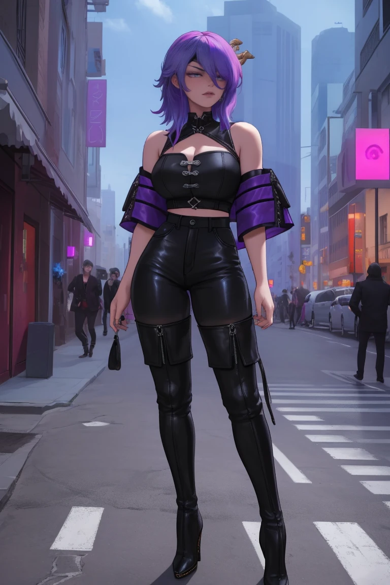 beautiful girl, full body, short bright blue and magenta streaked dishevelled hair, large blue piercing eyes, black eyeshadow, (street style wear:1.2), ((tight fitted pants)), ((knee high leather boots)), (city night background:1.2), dark makeup, digital art, trending on artstation, highly detailed, fine detail, intricate,  beautiful detailed glow, detailed, Cinematic light, high-res, detailed facial features, sharp focus, smooth, aesthetic,
