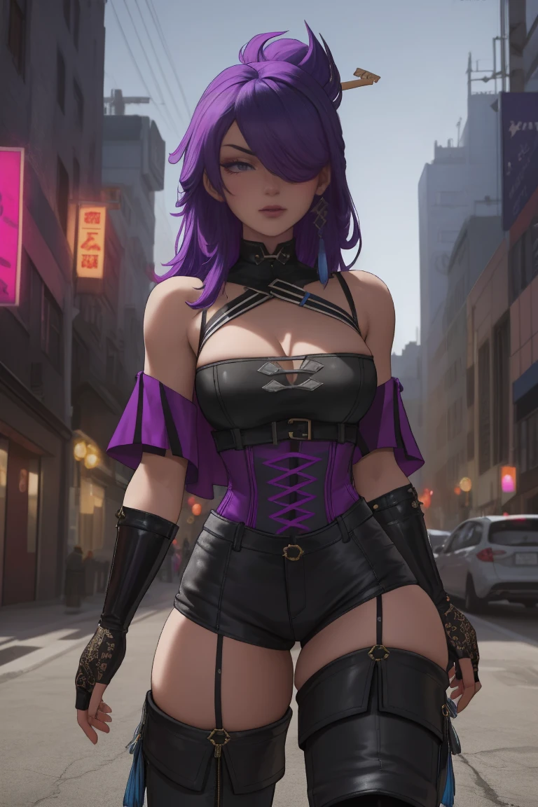 beautiful girl, full body, short bright blue and magenta streaked dishevelled hair, large blue piercing eyes, black eyeshadow, (street style wear:1.2), ((tight fitted pants)), ((knee high leather boots)), (city night background:1.2), dark makeup, digital art, trending on artstation, highly detailed, fine detail, intricate, beautiful detailed glow, detailed, Cinematic light, high-res, detailed facial features, sharp focus, smooth, aesthetic,