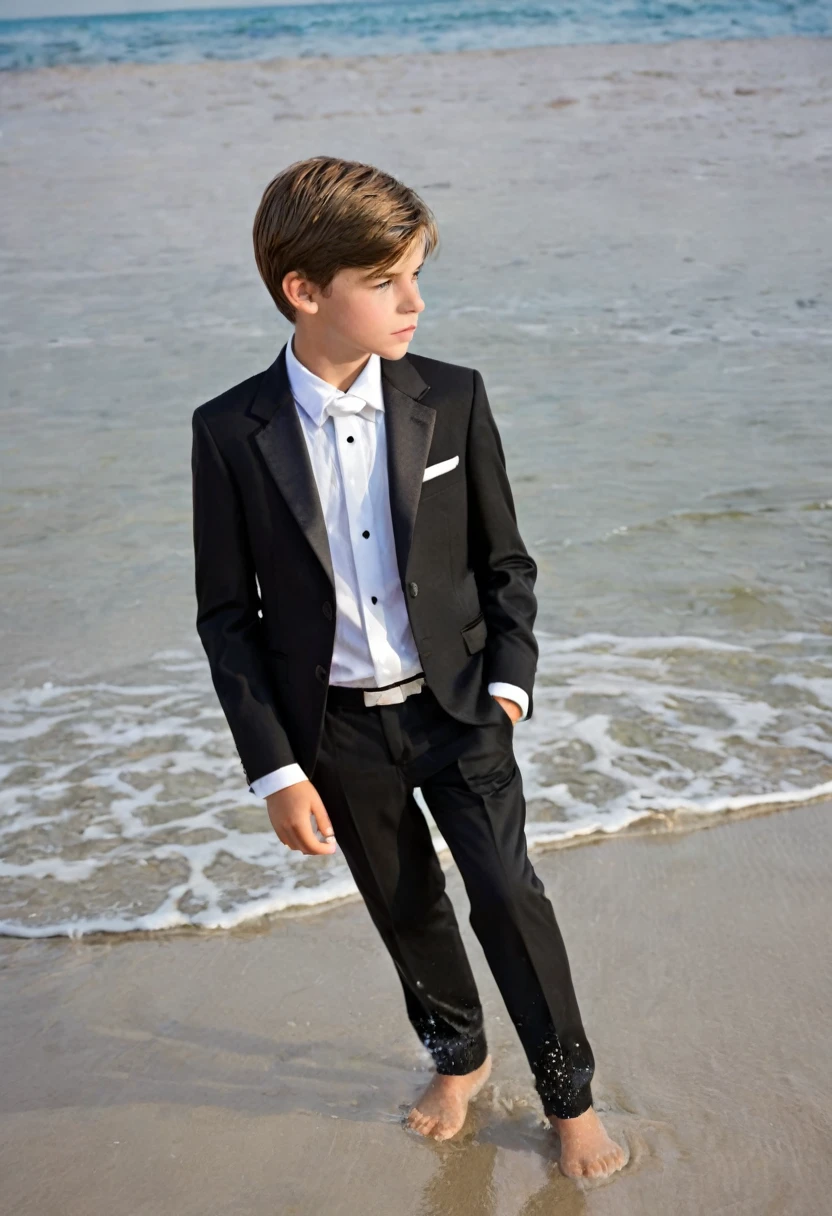 Beautiful and realistic  boys in tuxedos on the beach,  cuerpo entero, imagenes  ultra detalladas, Red de voleibol en segundo plano., fotorrealista mejor calidad 