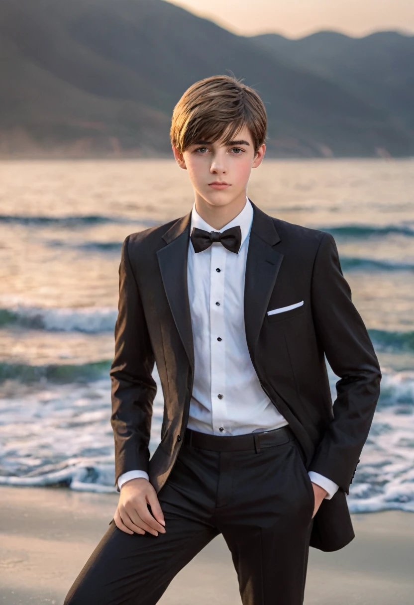 Beautiful and realistic 14 year old boys in tuxedos on the beach,  cuerpo entero, imagenes  ultra detalladas, Red de voleibol en segundo plano., fotorrealista mejor calidad 