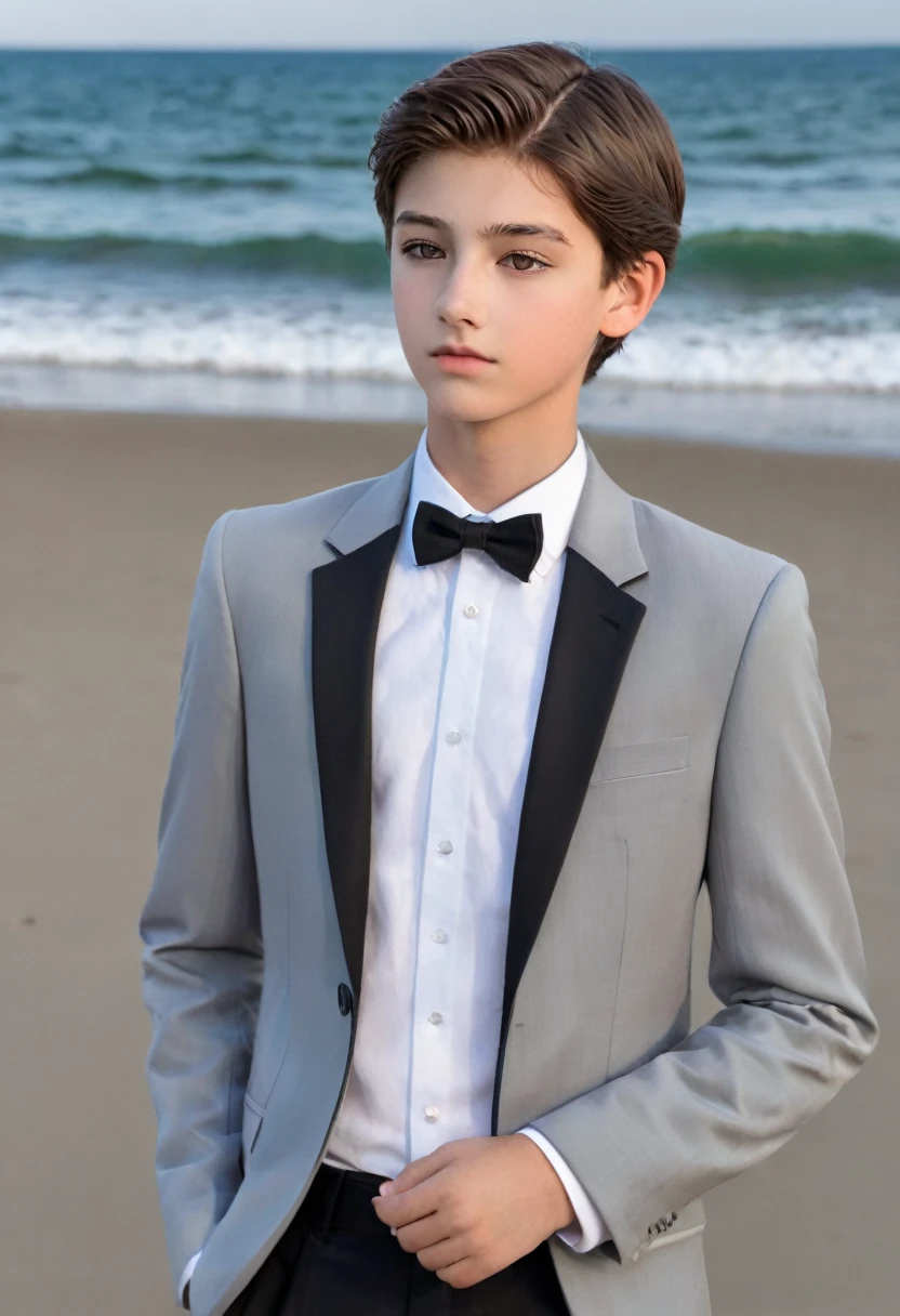 Beautiful and realistic 14 year old boys in tuxedos on the beach,  cuerpo entero, imagenes  ultra detalladas, Red de voleibol en segundo plano., fotorrealista mejor calidad 