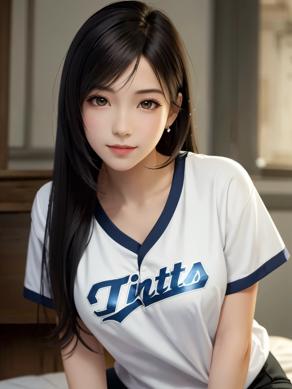 {{top quality, masterpiece}}, (Realistic: 1.3), BREAK {{{FF7,Tifa_lockhart, solo}}},(wearing a baseball shirt:1.3,loose oversized baseball shirt:1.3) ,  (her bedroom, indoor),(gravure pose:1.1),Ultra-detailed face, Detailed eyes, Red eyes, BREAK (((FF7,Tifa_lockhart))),(black brown hair, Large breasts: 1.0), BREAK (no bra),(no panties),About 18 years old,kawaii,shy:1.1,erotic smiling, evil grin, aroused