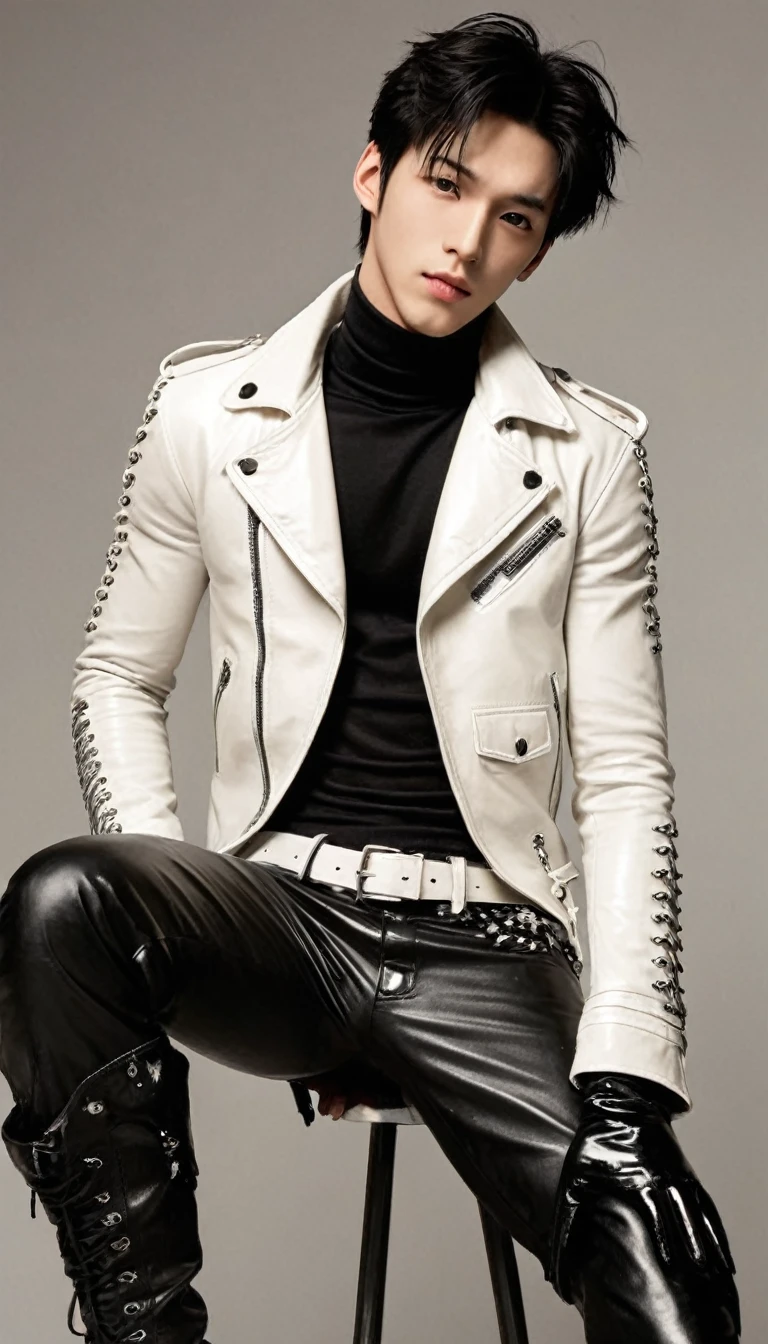 Final Fantasy-style graphics, young, Cute and cool Japanese boys, Thin eyebrows and big eyes,  He is wearing a shiny white single-breasted leather jacket.......。Biker style leather jacket、 with epaulettes,  The jacket is zipped up, The jacket pockets are black., The jacket has a high stand-up collar with a belt, Also wearing a black turtleneck, Black Leather Pants, Thin black leather gloves on both hands, Black leather knee-high lace-up boots, Show me your whole body from head to toe, Final Fantasy Style、((good looking))、((good looking))、((Clear eyes and nose))、((Shiny white single leather jacket))、((The jacket must be white.))、((The jacket has epaulettes))、((Jacket has a high stand-up collar and belt))、((The jacket has a black pocket))、((Black turtleneck shirt))、((Black Leather Pants))、((Always wear shiny black leather gloves on both hands))、((Cover all fingers on both hands with gloves))、((Black lace-up leather long boots))、((View full-body images from a distance))、Realistic image quality and texture、In a small cell、close your eyes、A kind smile、((The front of the jacket is closed with a zipper))、((No exposed skin below the neck))、((round face)、((Short Hairstyleedium build))、((Upright posture))、((Don&#39;t sit))