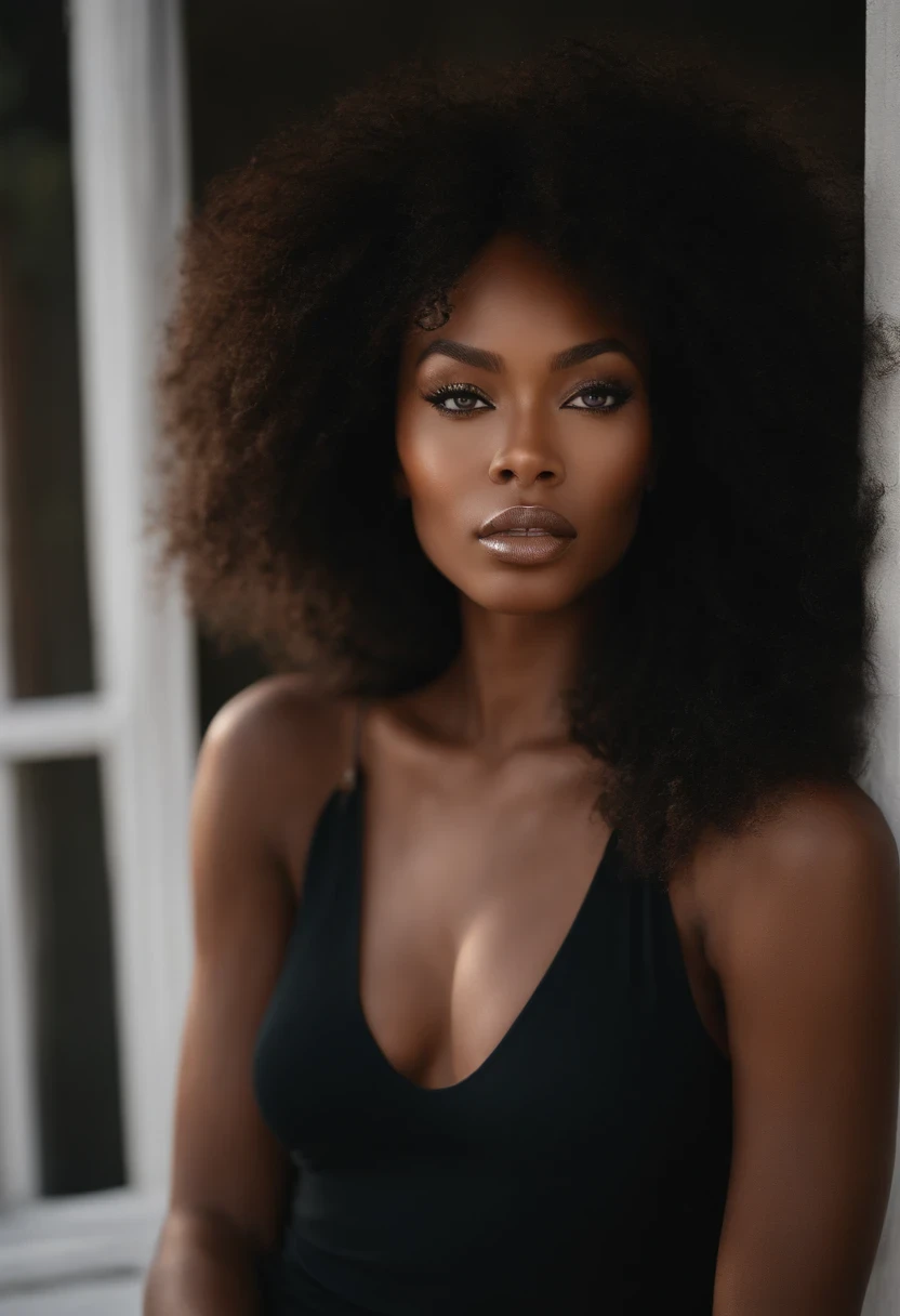 Black woman with black clothes, fille sexy aux yeux bruns, Portrait Naomi Campbell, cheveux bruns et grands yeux, Selfie d'une jeune femme, Yeux de chambre, sza, sans maquillage, maquillage naturel, looking straight at camera, Visage avec Artgram, Maquillage subtil, Superbe photo du corps entier, on a balcony with mountains behind her, French cleavage ((ultra realistic eyes and mouth))