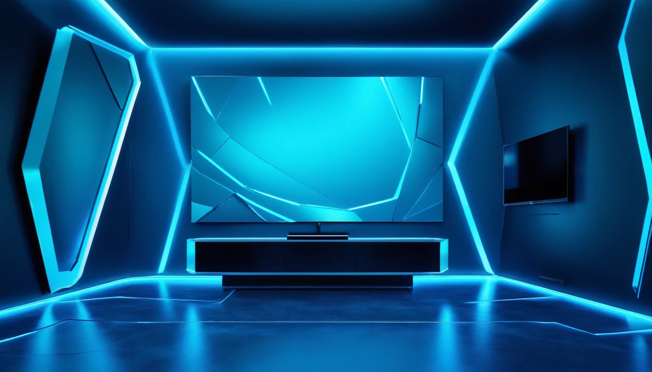 Futuristic TV set ambience with slightly curved walls with a metallic sheen, diffused blue light on the floor and a few protruding polygons for a resolutely designer look.
