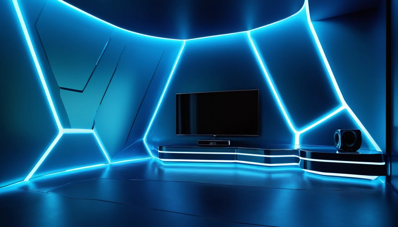 Futuristic TV set ambience with slightly curved walls with a metallic sheen, diffused blue light on the floor and a few protruding polygons for a resolutely designer look.