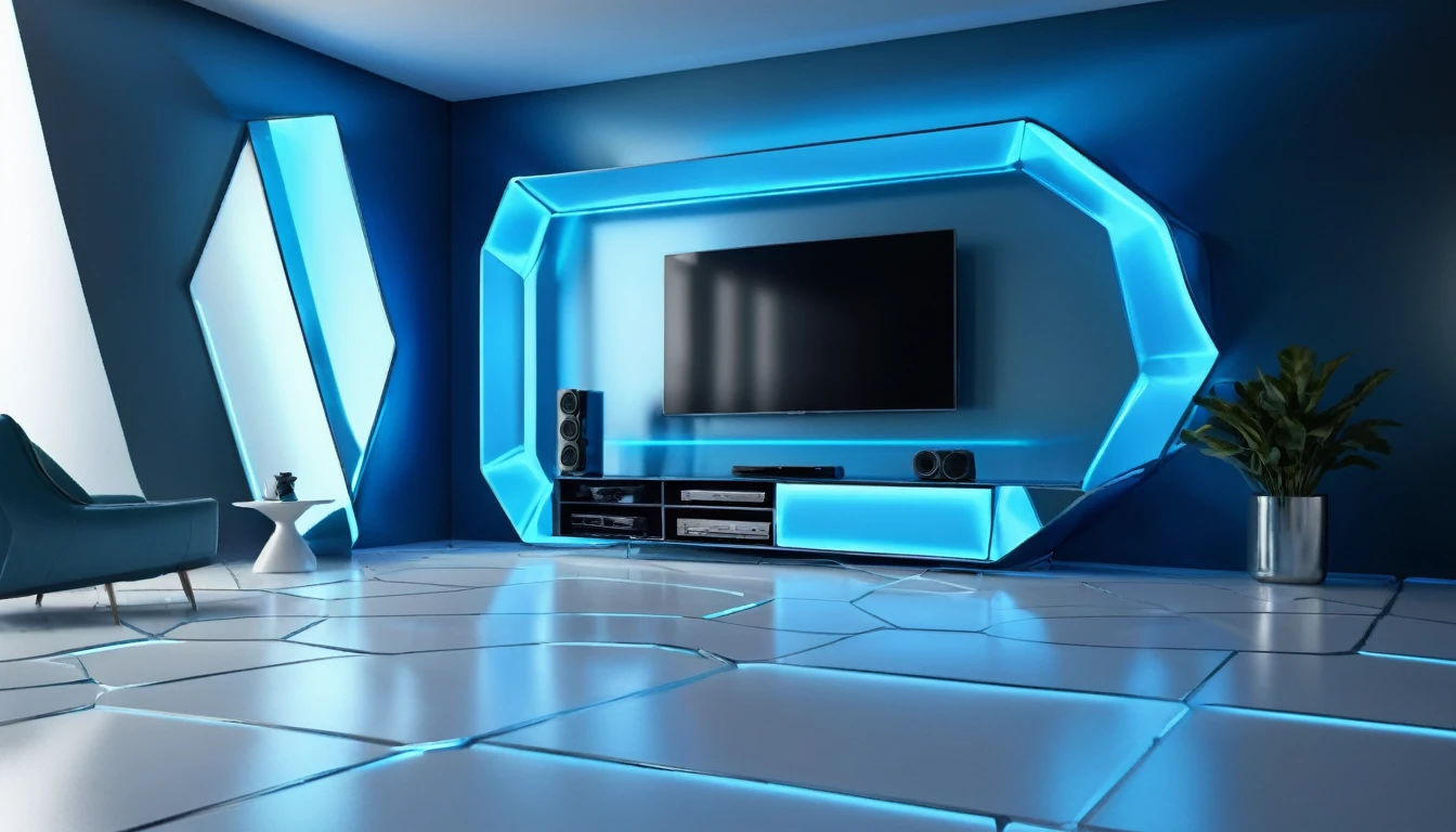Futuristic TV set ambience with slightly curved walls with a metallic sheen, diffused blue light on the floor and a few protruding polygons for a resolutely designer look.