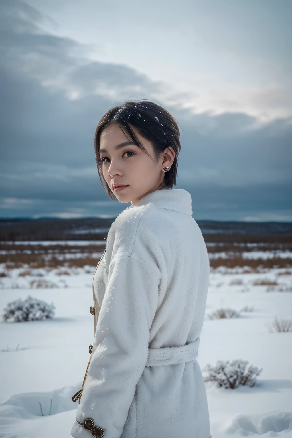 1 girl, (White winter clothes:1.2), beautiful japanese actress,
photogenic, Yukihime, long eyelashes, snowflake earrings,
(Raw photo, best quality), (Reality, photorealistic:1.4), (muste piece),
beautiful detailed eyes, beautiful detailed lips, highly detailed eyes and face,
BREAK is
(Frozen snow field in winter Lapland),
(The darkness has fallen、A trace of deep vermilion remains on the horizon.:1.4),
Snowy field landscape at dusk, snow covered tree々, Blizzard,
Indigo and dark vermilion color scheme, dramatic writing, A desolate landscape,
BREAK is
Perfect Anatomy, whole body slender, small breasts, (short hair:1.3), angel's smile, make eyes clear, catch light, tanned skin