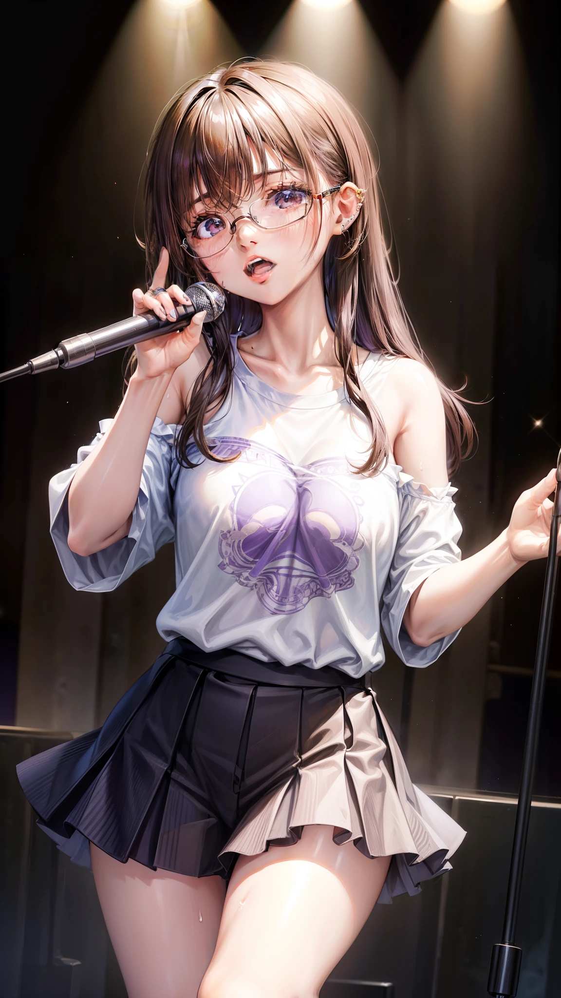 8K quality、High definition eyes、One woman、Brown Hair、Purple extensions、Brown eyes、Black-rimmed glasses、Ring piercing of the earlobe、Holding a microphone、Sing a song、Dancing and singing in a nightclub、Sweat、Oversized off-the-shoulder T-shirt、Short frill skirt、Beautiful legs、Beautiful thighs、Shot from above