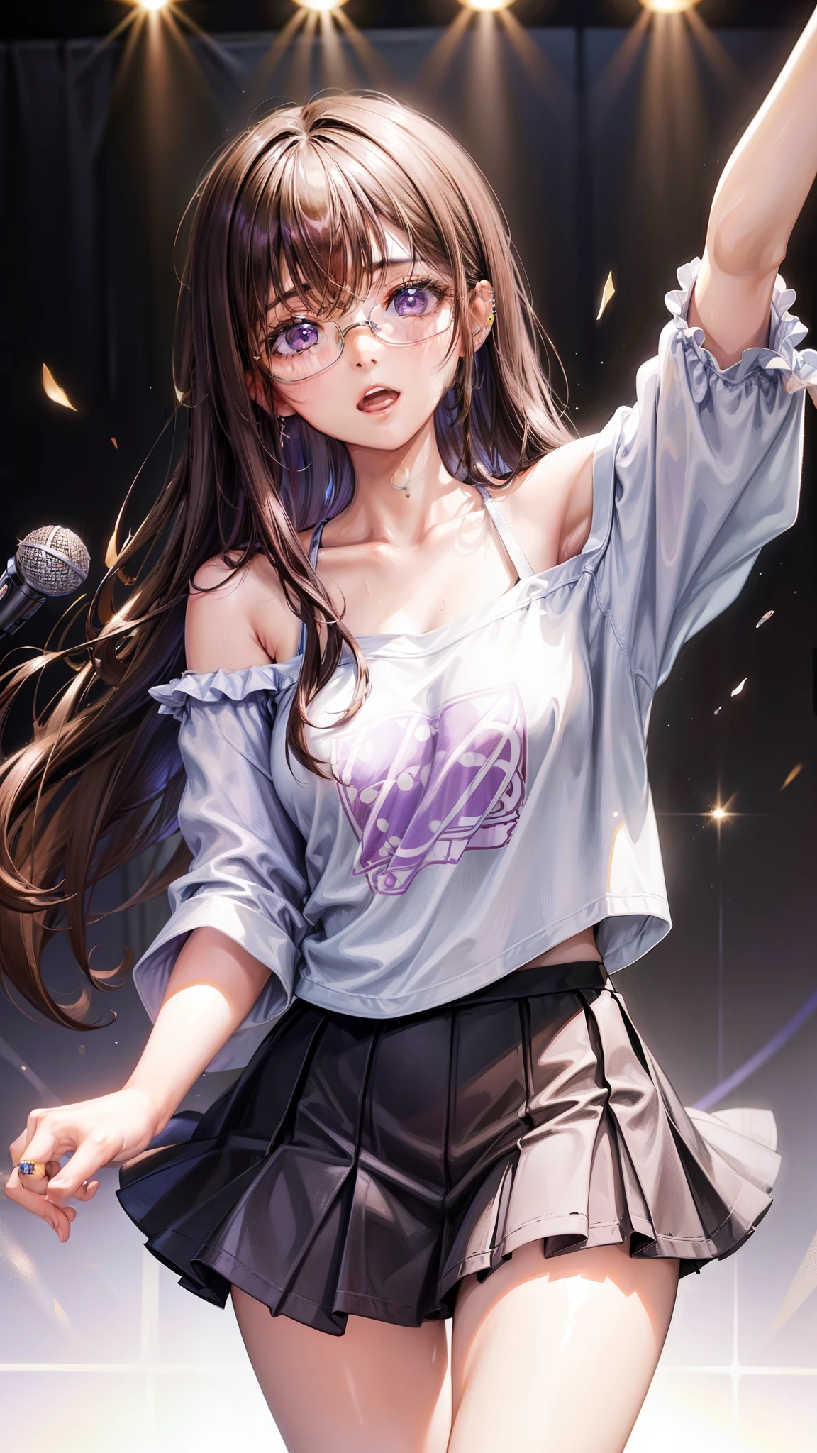 8K quality、High definition eyes、One woman、Brown Hair、Purple extensions、Brown eyes、Black-rimmed glasses、Ring piercing of the earlobe、Holding a microphone、Sing a song、Dancing and singing in a nightclub、Sweat、Oversized off-the-shoulder T-shirt、Short frill skirt、Beautiful legs、Beautiful thighs、Shot from above