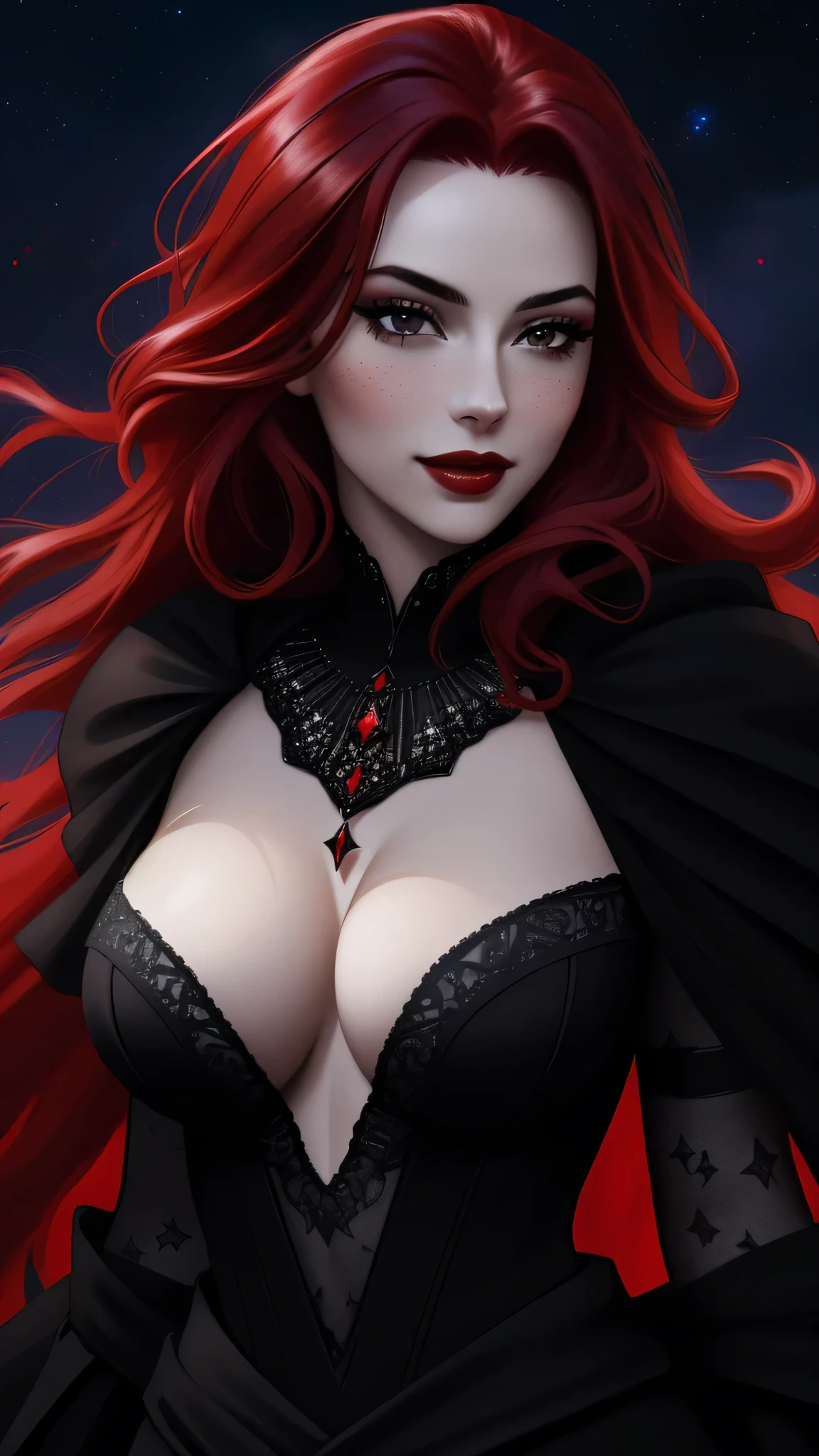 ((vivid red hair)), mature woman, 30 years old, diamond face, red starry sky background, depth of field, magic, big red lips, ((dark and black eyes)) black and red long and full dress, covered chest, mystical atmosphere, ominous shadows, Intense blue aura, Intense red aura (best quality:1.2), absurdres, intricate details, (highly detailed skin:1.2), smile expression, posing, taut and well defined body, attractive. Highly realistic, white skin, beautiful, hyperrealism, skin very elaborated, direct gaze,