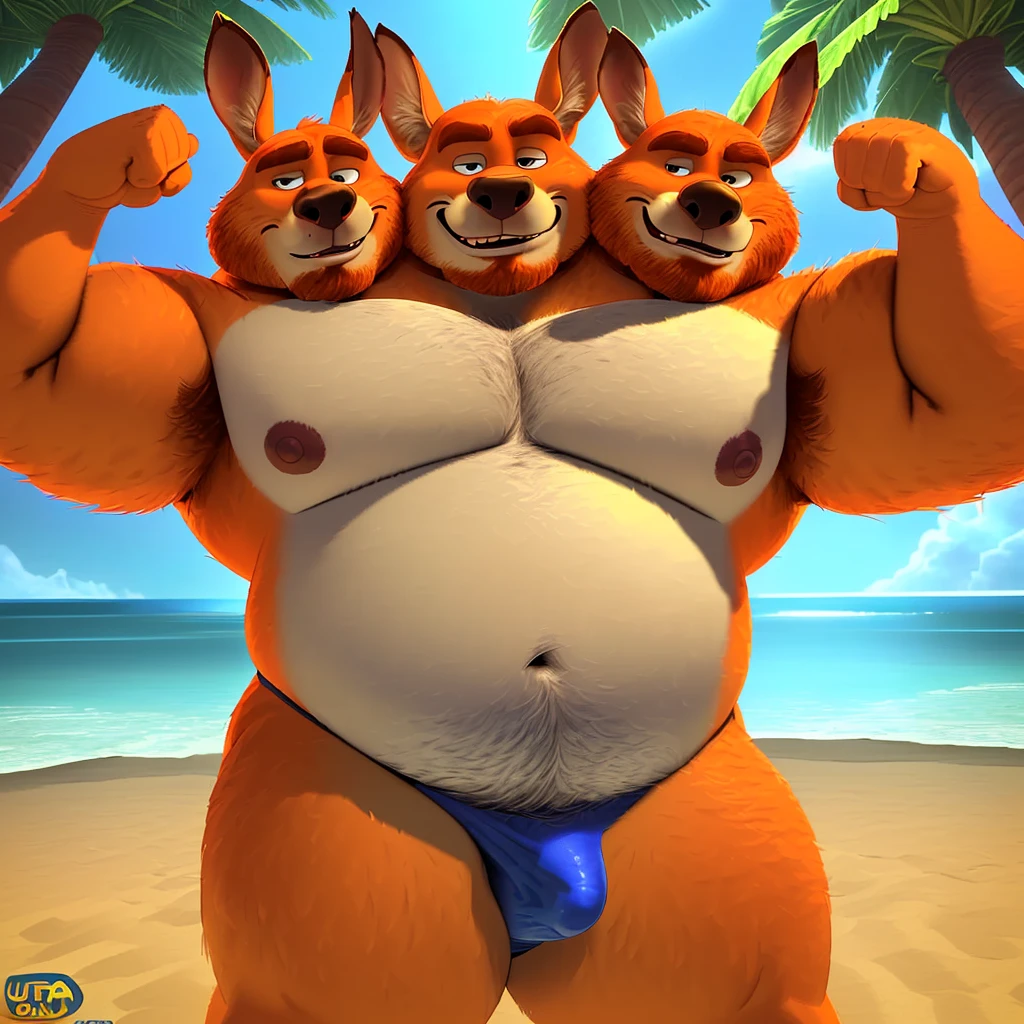 solo, three headed kangaroo, kangaroo tail:1.3, (identical heads:1.3), (adult male, 50 year old male, (stylized 3d, by disney, by rembrandt), by pixar:1.1, by dramamine, (fat, dadbod, chubby, bald, beard, orange fur, white belly, white chest, old, ugly), beach background, (thong, bulge, navel, nipples), correct eyes, correct hands, correct anatomy, (detailed eyes:1.2, cartoon eyes:1.2, small dark pupils, masculine eyes), (ultradetailed, best quality, detailed masterpiece, highly detailed masterpiece, 4k, professional cartoon:1.7), ((flexing:1.3, natural pose:1.3, nuanced expressions:1.3))