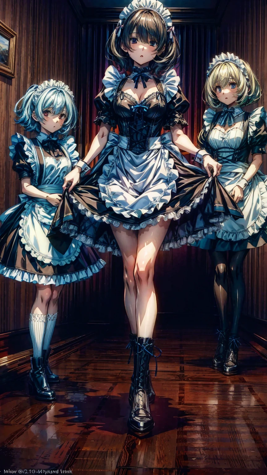 (Perfect Anatomy:1.2, highest quality),(Maid leotard details:1.6),(5Girls:1.6),Long Hair:1.5, (Short sleeve, Thighs,Maid Cufflinks),,Hypno Lola, Hollow Eyes,High heel lace-up boots,Dark aura,(Leotrad),,From below,love for viewers,Look down,(full body:1.4),looking at viewer, 