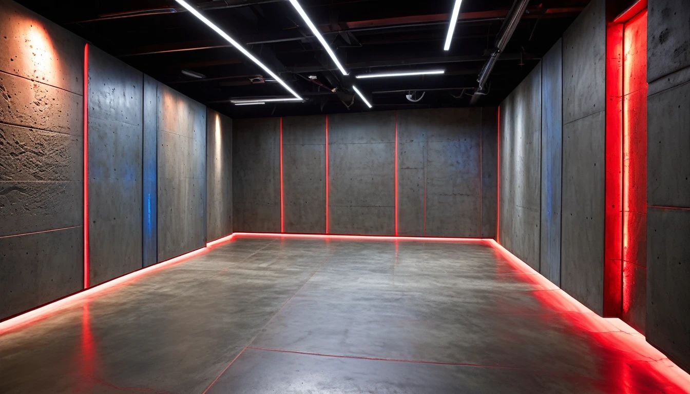 Rough studio walls in textured concrete with a few sections of surface in red metallic finishes and a few lines of bluish LED light on the floor for a trendy industrial feel.