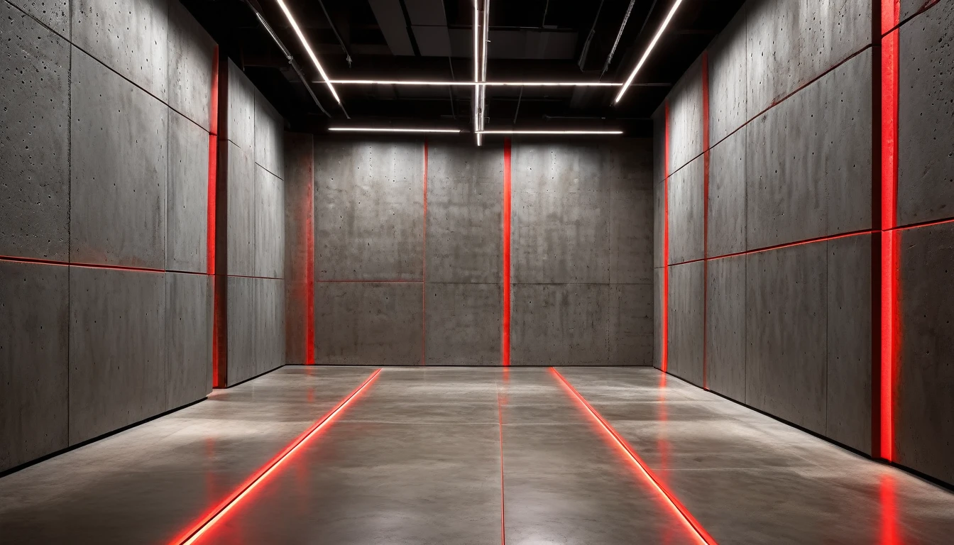 Rough studio walls in textured concrete with a few sections of surface in red metallic finishes and a few lines of bluish LED light on the floor for a trendy industrial feel.