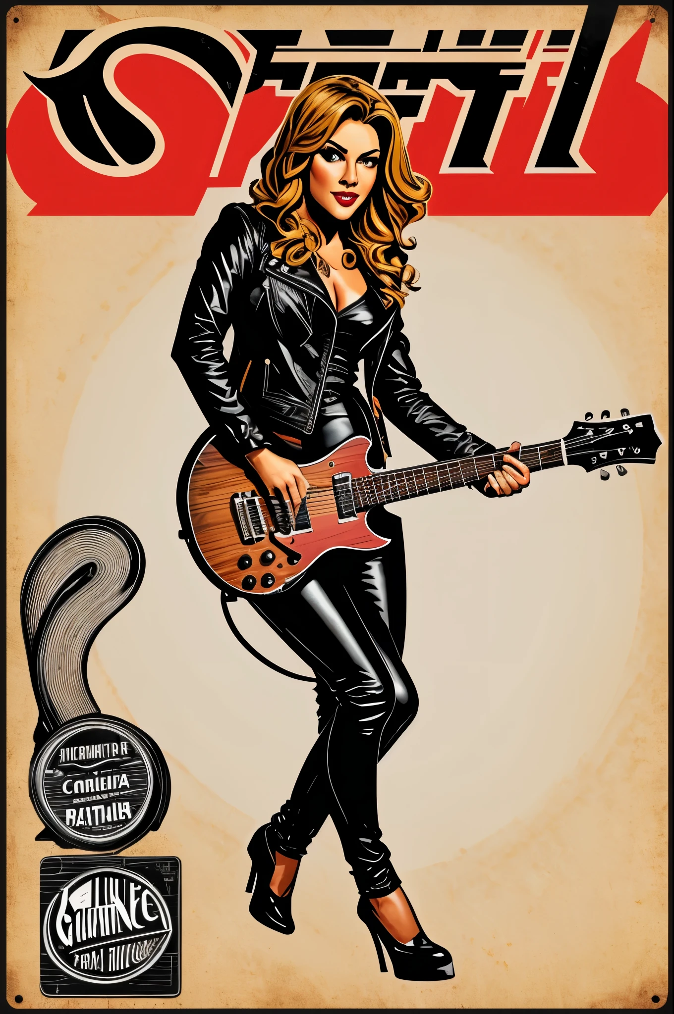 Vintage Style Airbrush Halftone Typography, comic vignette with worn frame, exclamation "ROCKSTAR", featuring an attractive rocker WOMAN frenetically playing a slimy electric guitar, con gotas de fuego cayendo por su cuerpo en la noche de Gotham City, manchas, polvo negro, penumbra. Dos tonos: light brown, gris y rosa, pasteles suaves, proporcionado, detallado, intimate, fondo blanco para pegatina.